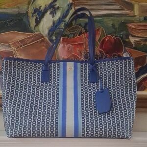 Tory Burch Blue Logo-Print Stripe Tote